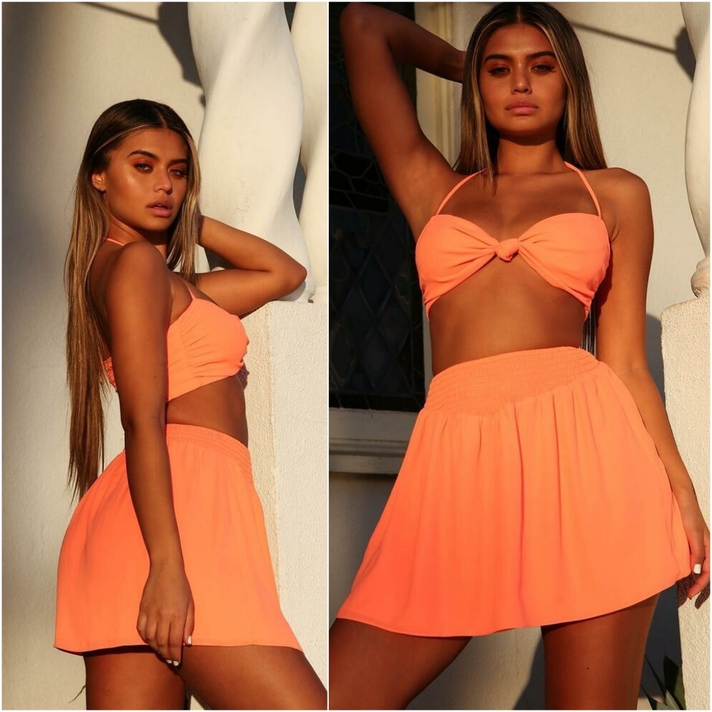 Tiger Mist Cropped Halter Top and Mini Skirt Set Neon Orange Coral XS Pop